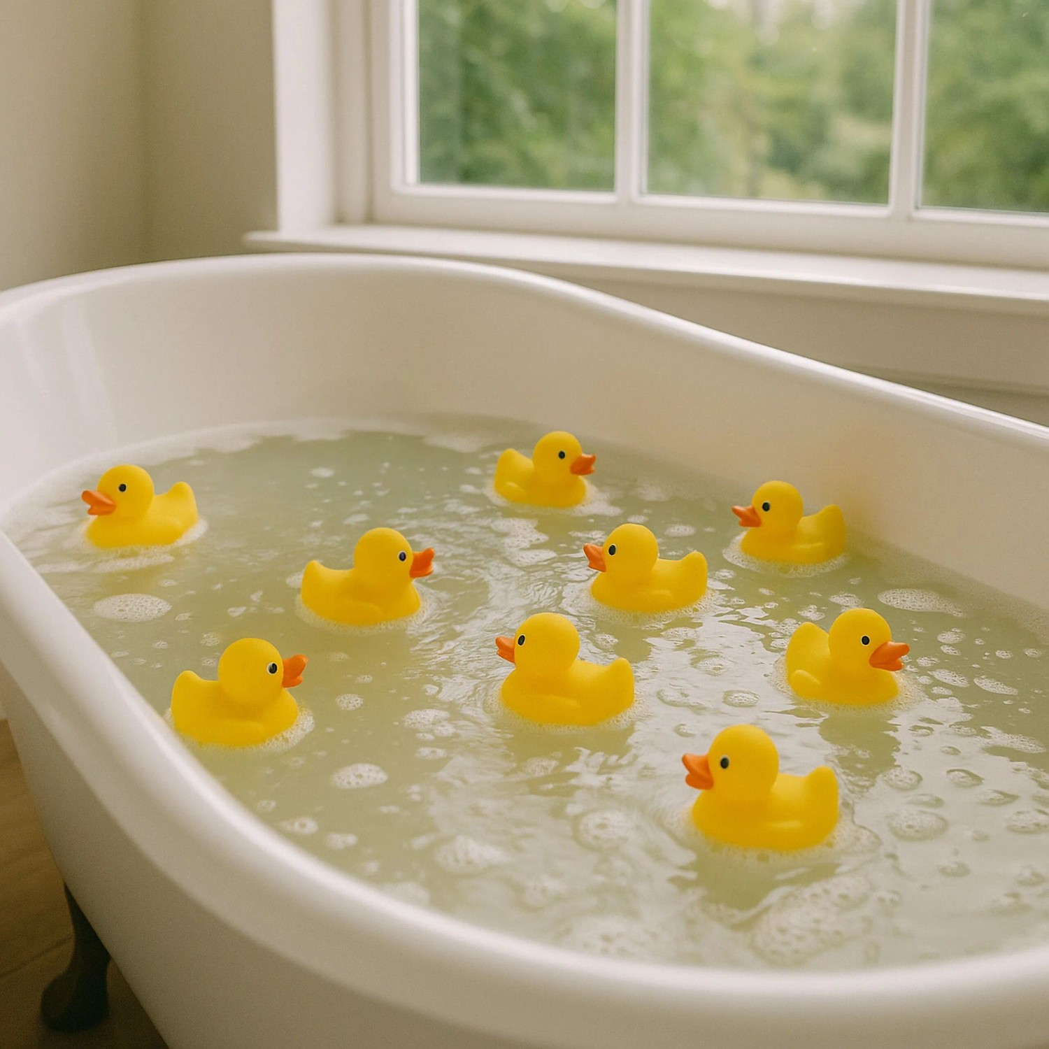 Gelbe Relaxdays Badeenten im 48er Set schwimmen in einer weißen Badewanne.