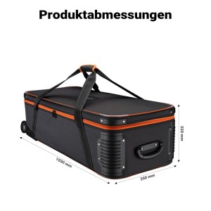 Walimex Pro Trolley Studiotasche L, schwarz mit orangefarbenen Akzenten, Rollen und Tragegriffen. Maße: 103x25x32 cm.