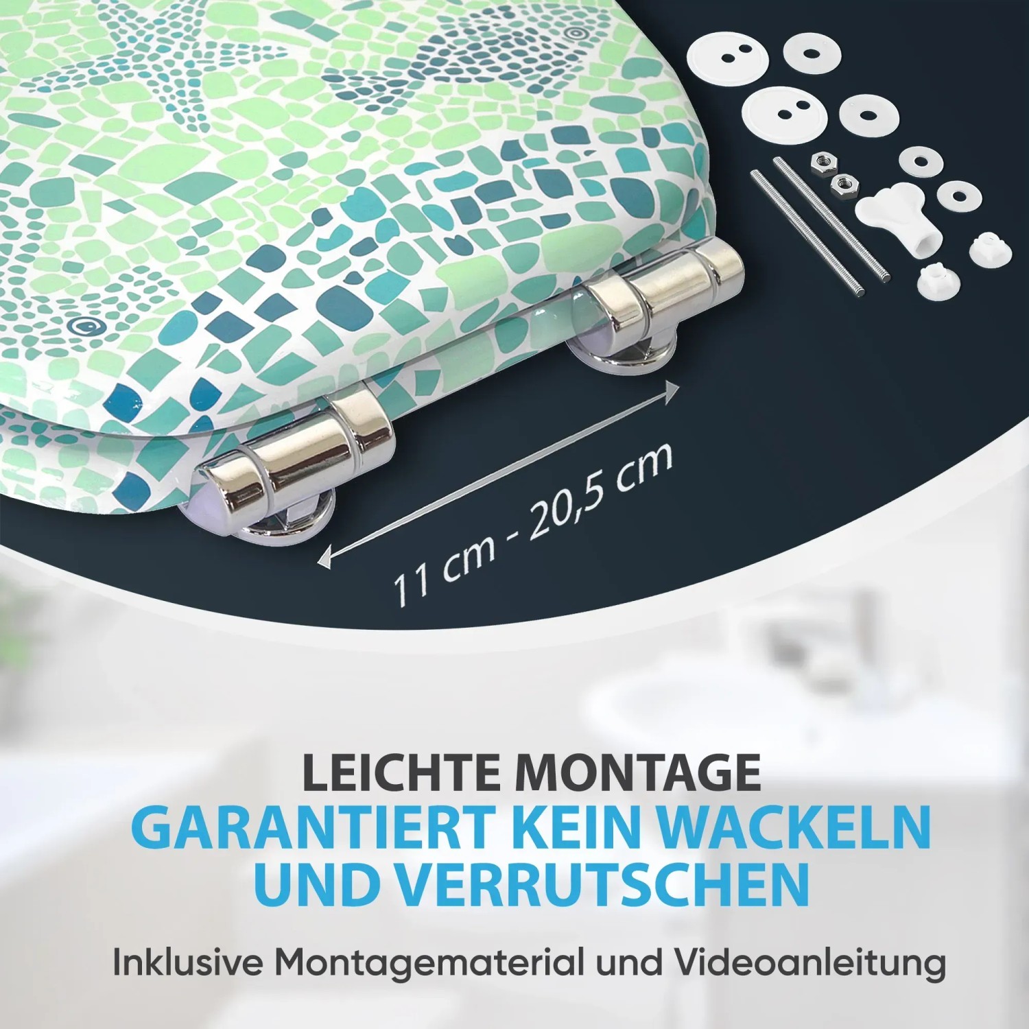Sanilo WC-Sitz Mosaic World Green mit Absenkautomatik und Montagezubehör.