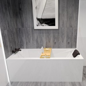Weiße Rechteck-Badewanne MODERN 150x70 mit Bambusablage und Kopfstütze in modernem Badambiente.