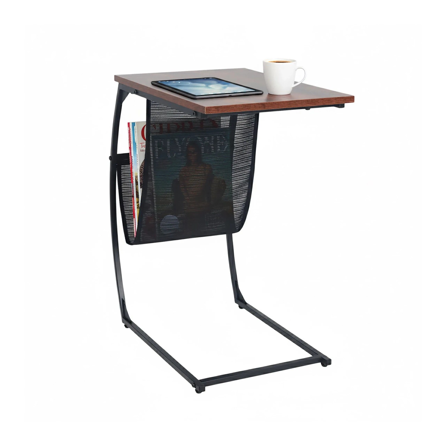 Relaxdays Beistelltisch MDF Eisen Braun Schwarz C-Form Zeitungsablage 64 cm x 51 cm x 35 cm 3,6 kg
