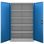 Jan Nowak Metall Aktenschrank JAN II, grau/blaue Büroschränke mit offenen Türen und Einlegeböden.