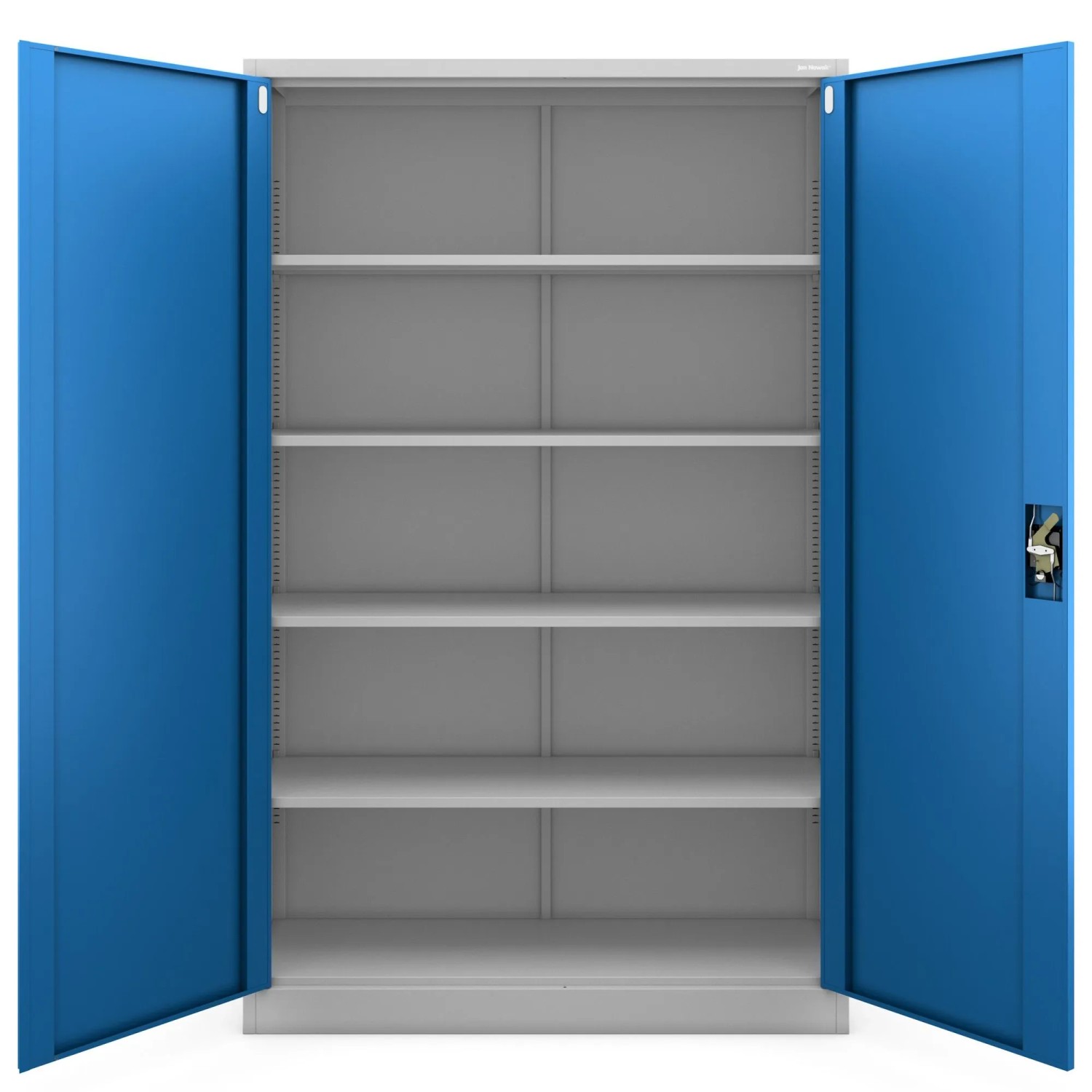 Jan Nowak Metall Aktenschrank JAN II, grau/blaue Büroschränke mit offenen Türen und Einlegeböden.