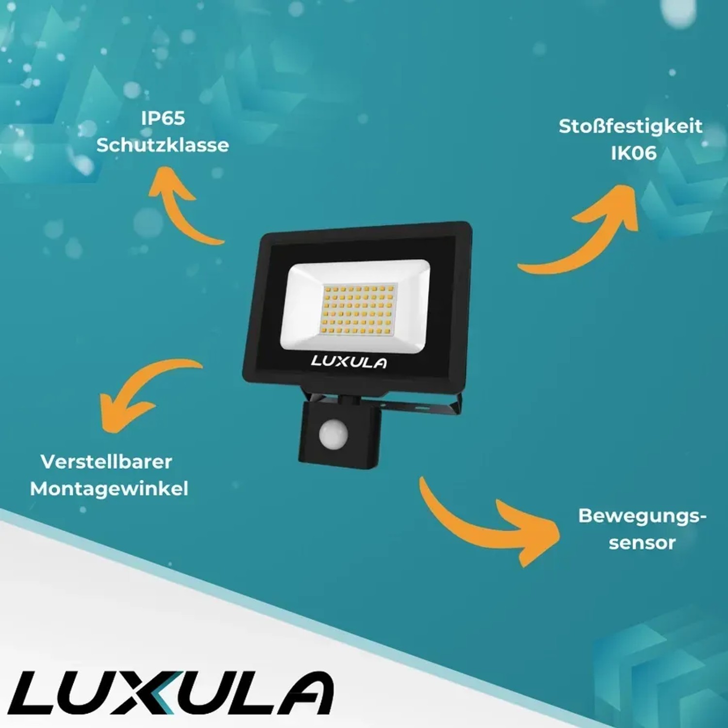 Schwarzer LUXULA LED Fluter mit Bewegungsmelder, 10W, warmweißes Licht, ideal für den Außenbereich.
