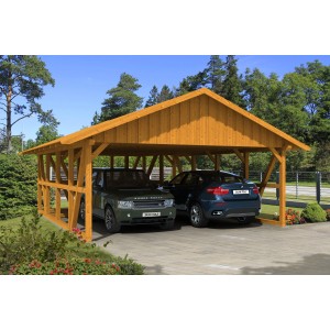 Skan Holz Carport Schwarzwald Eiche mit Dachschalung und Abstellraum für zwei PKW.