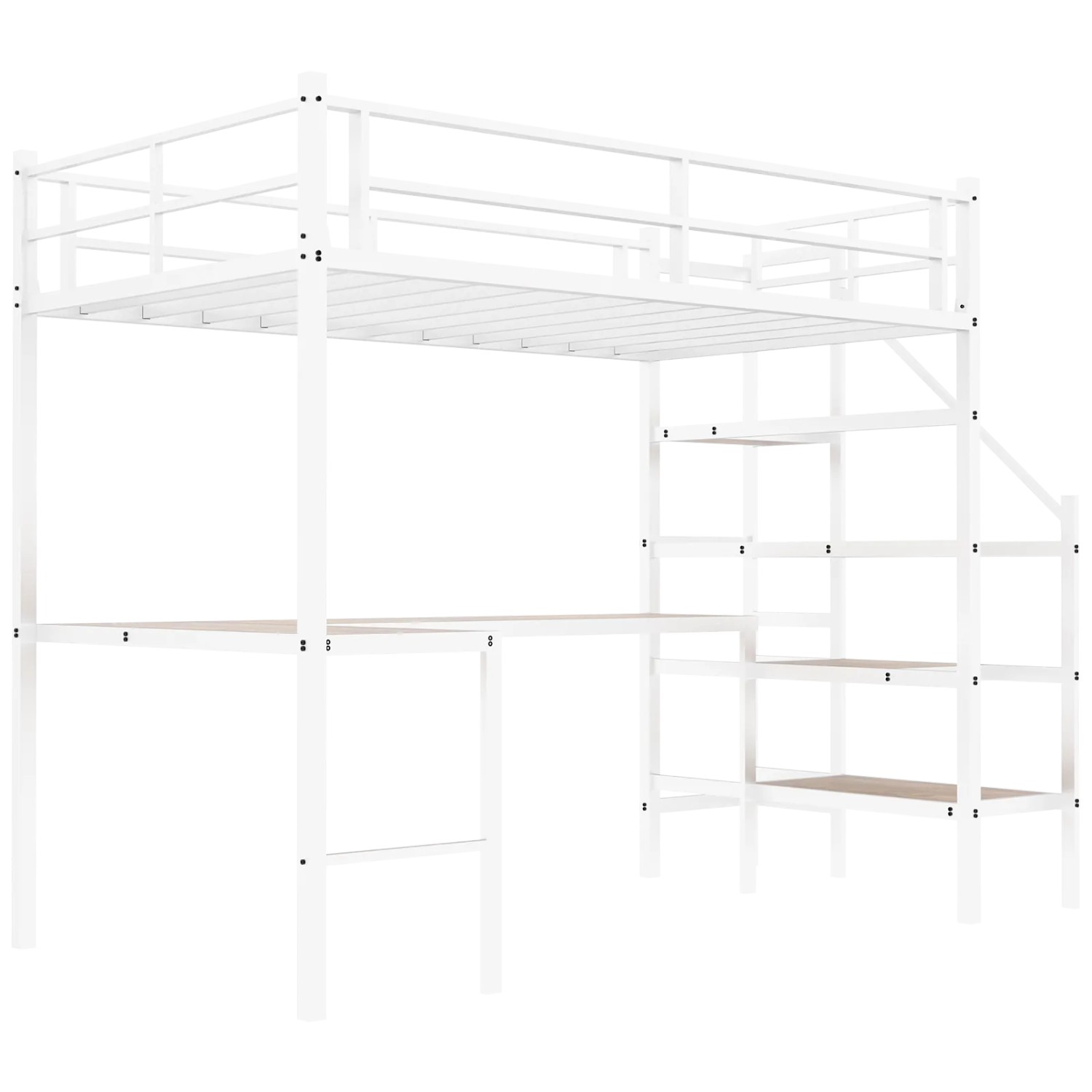 okwish Hochbett 90x190cm mit L Schreibtisch Treppe und Regalen Weiß ohne Matratze