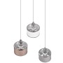 Trio Pendelleuchte Kaprun Chrom mit drei Lampenschirmen in Grau-, Weiß- und Rosatönen.
