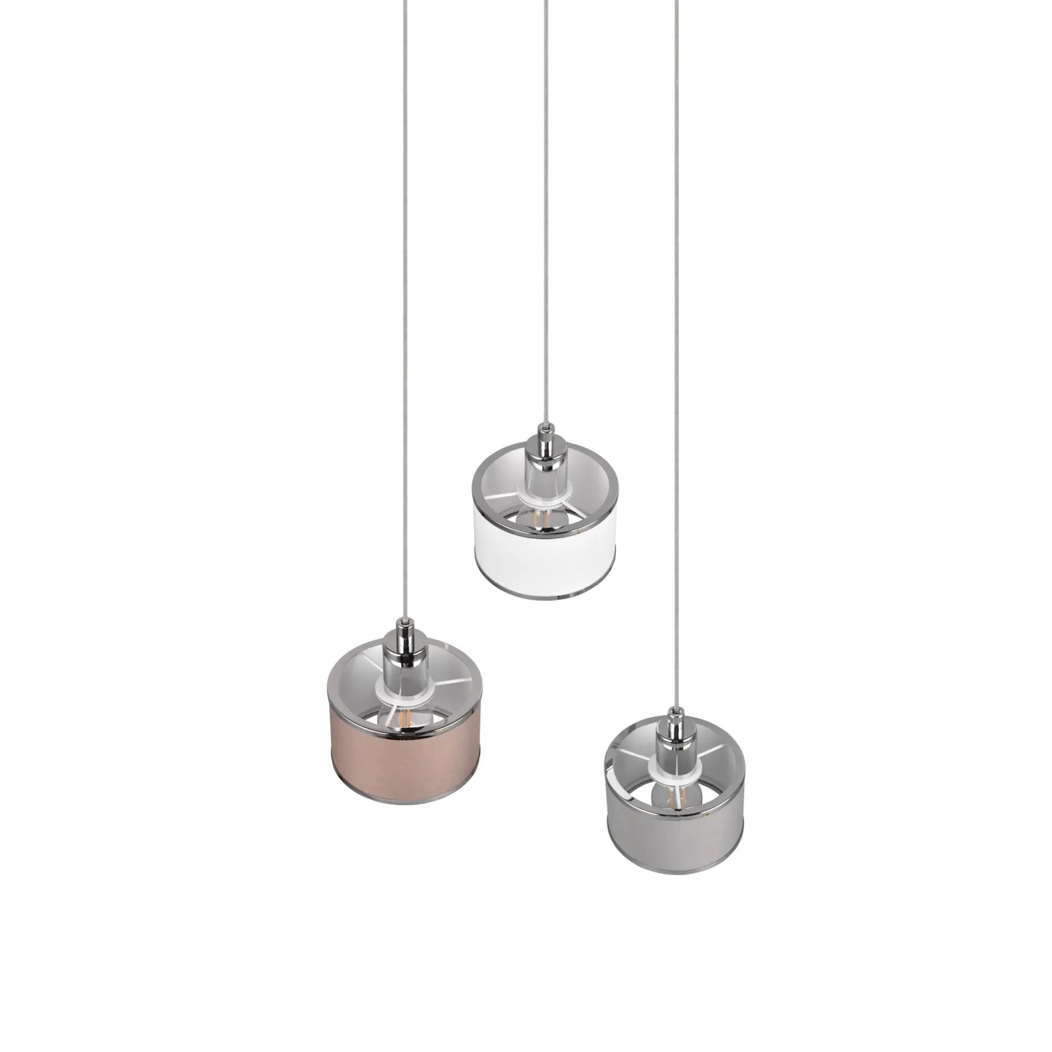 Trio Pendelleuchte Kaprun Chrom mit drei Lampenschirmen in Grau-, Weiß- und Rosatönen.
