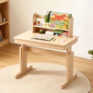 Heller Massivholz Kinderschreibtisch, höhenverstellbar, mit integrierter Buchstütze und Ablage. Ideal für Kinder zum Lernen.