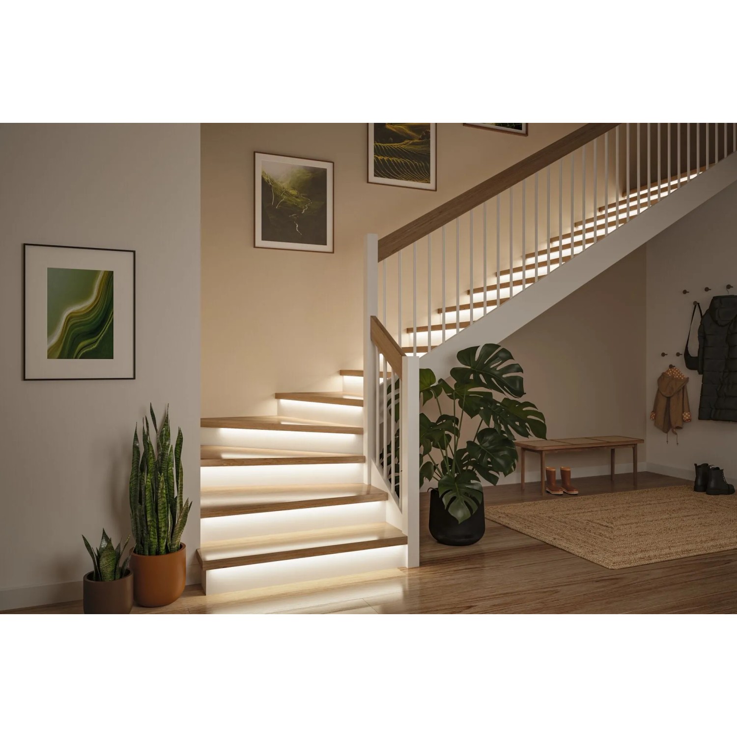 Paulmann MaxLED Treppenbeleuchtung mit warmweißen LED-Strips unter Holzstufen. Stilvolle, indirekte Beleuchtung für Flur.