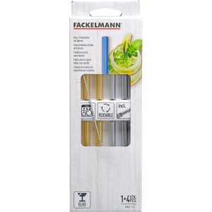 Fackelmann Glastrinkhalme, 4er-Set in Gelb und Blau, mit Reinigungsbürste.
