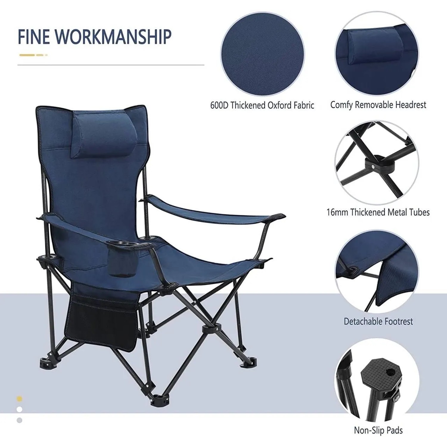 Blauer WOLTU Campingstuhl mit Kopfstütze, Armlehnen, Getränkehalter und Seitentasche. Faltbarer Klappstuhl aus Oxford-Gewebe für Camping & Angeln.