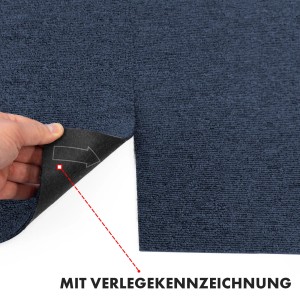 Blaue KARAT Teppichfliese Moscow meliert, 50x50 cm, mit Verlegekennzeichnung.