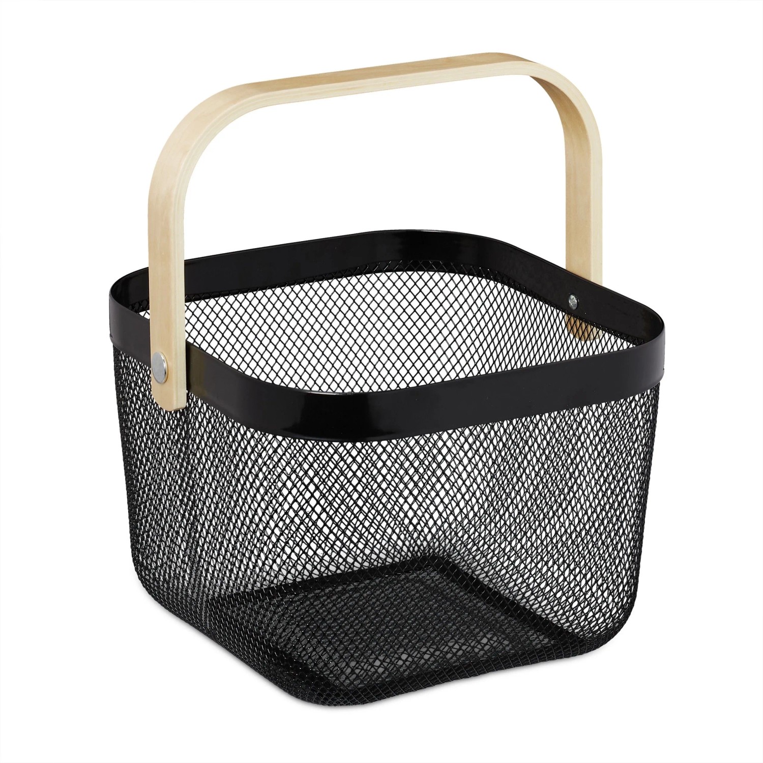 Relaxdays Aufbewahrungskorb mit Griff Metall Holz Schwarz Tragbar 17,5 cm x 26 cm x 24,5 cm 0,5 kg