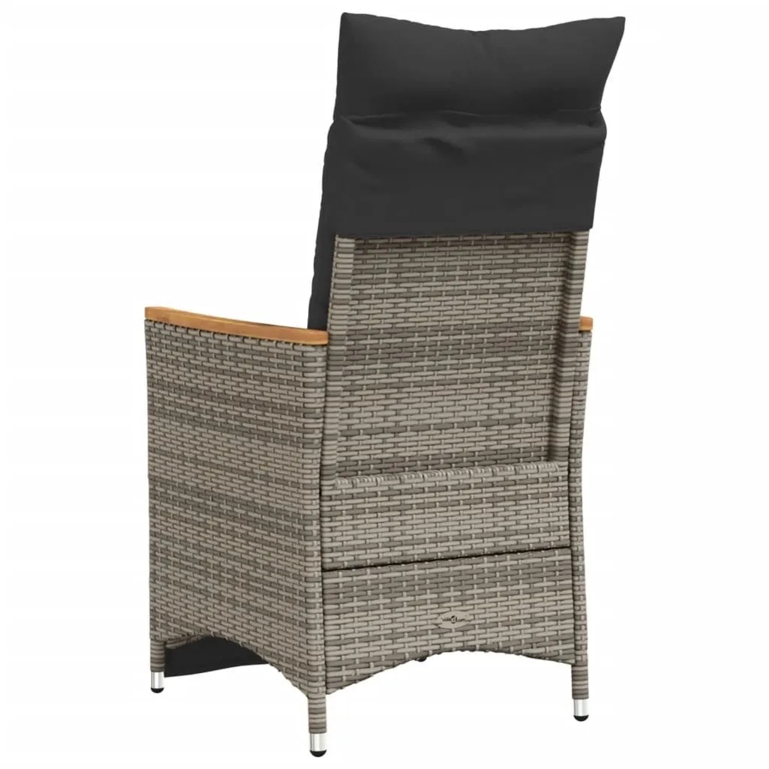 Grauer vidaXL Poly Rattan Gartensessel mit dunklem Kissen, verstellbar, Holzarmlehnen. Gartenstuhl.