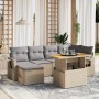 Beige 7-tlg. vidaXL Garten-Sofagarnitur aus Rattan mit hellgrauen Kissen und verstellbarem Tisch.