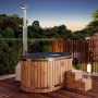 Finntherm Hot Tub Stockholm Anthrazit Ø 200 cm aus Thermoholz mit Edelstahl Ofen und Treppe.