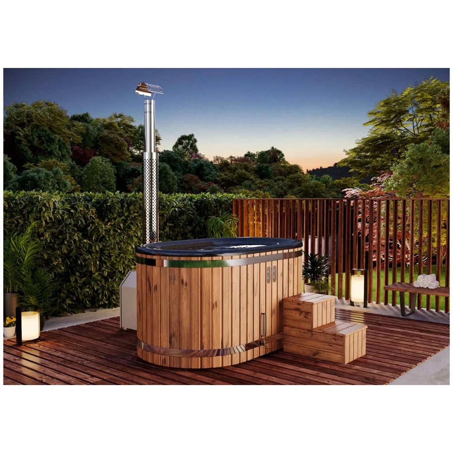 Finntherm Hot Tub Stockholm Anthrazit Ø 200 cm aus Thermoholz mit Edelstahl Ofen und Treppe.