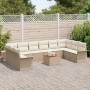 Beiges 11-teiliges Garten-Sofa-Set aus Rattan mit Tisch und Kissen.