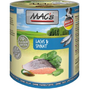 Mac's Hunde-Nassfutter Lachs & Spinat, getreidefrei, mit Lachsfilet und Spinat auf der Dose.