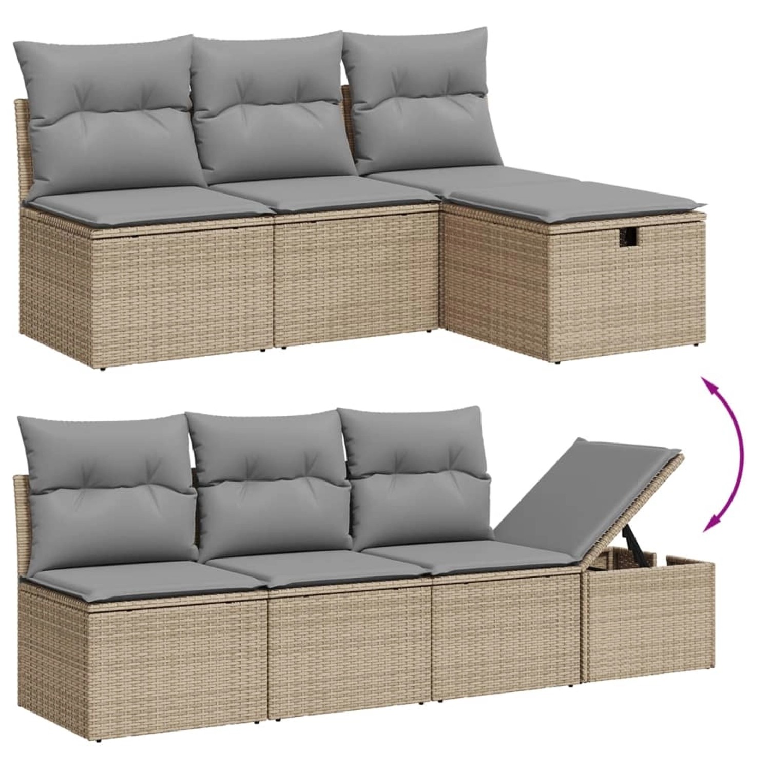 Beige 8-tlg. Garten-Sofagarnitur aus Rattan mit grauen Kissen. Modulares System mit Stauraum.