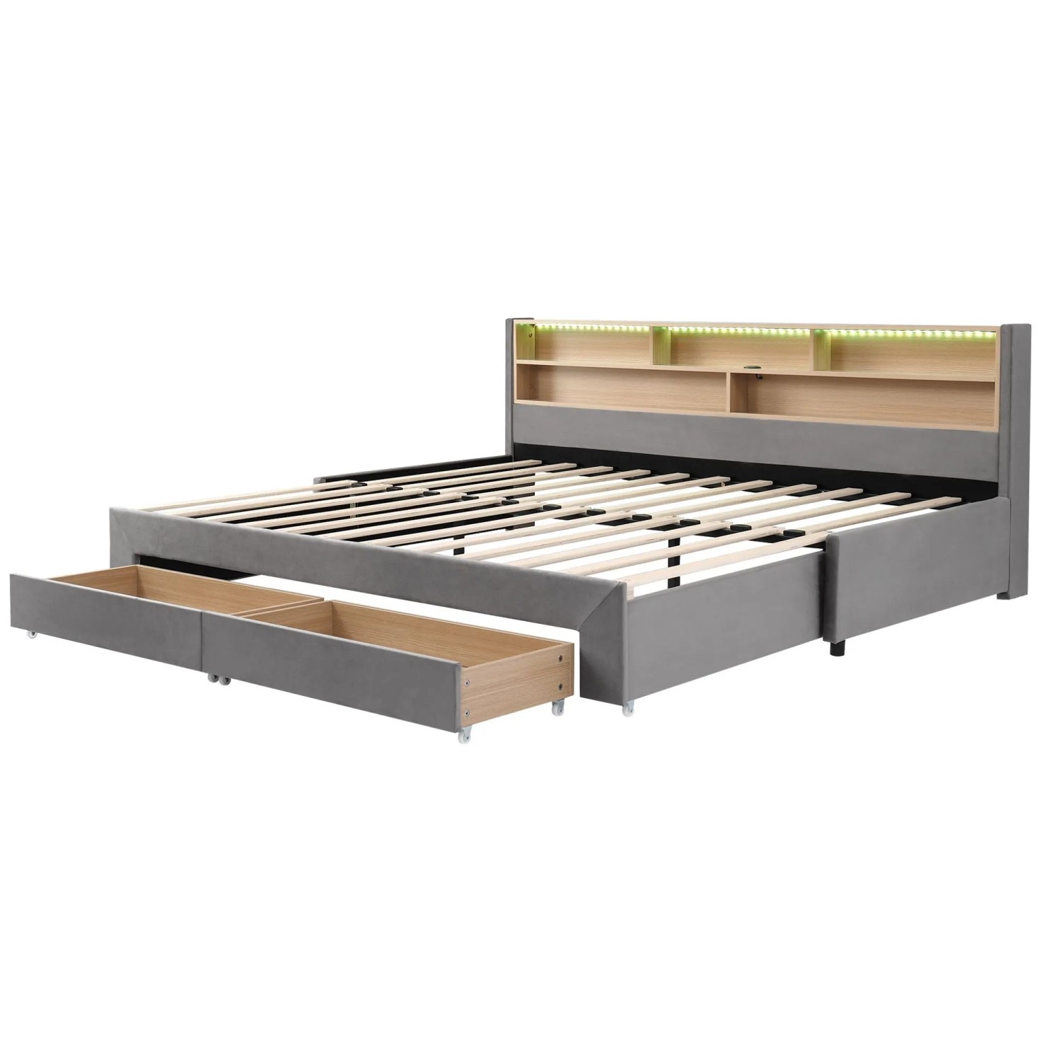 Merax Daybett 90 x 200 cm Ausziehbar 180 cm mit Schubladen USB LED Samt Grau