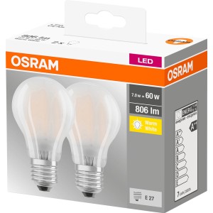 2er-Set Osram E27 LED-Leuchtmittel in Glühlampenform, 6,5W, warmweiß.