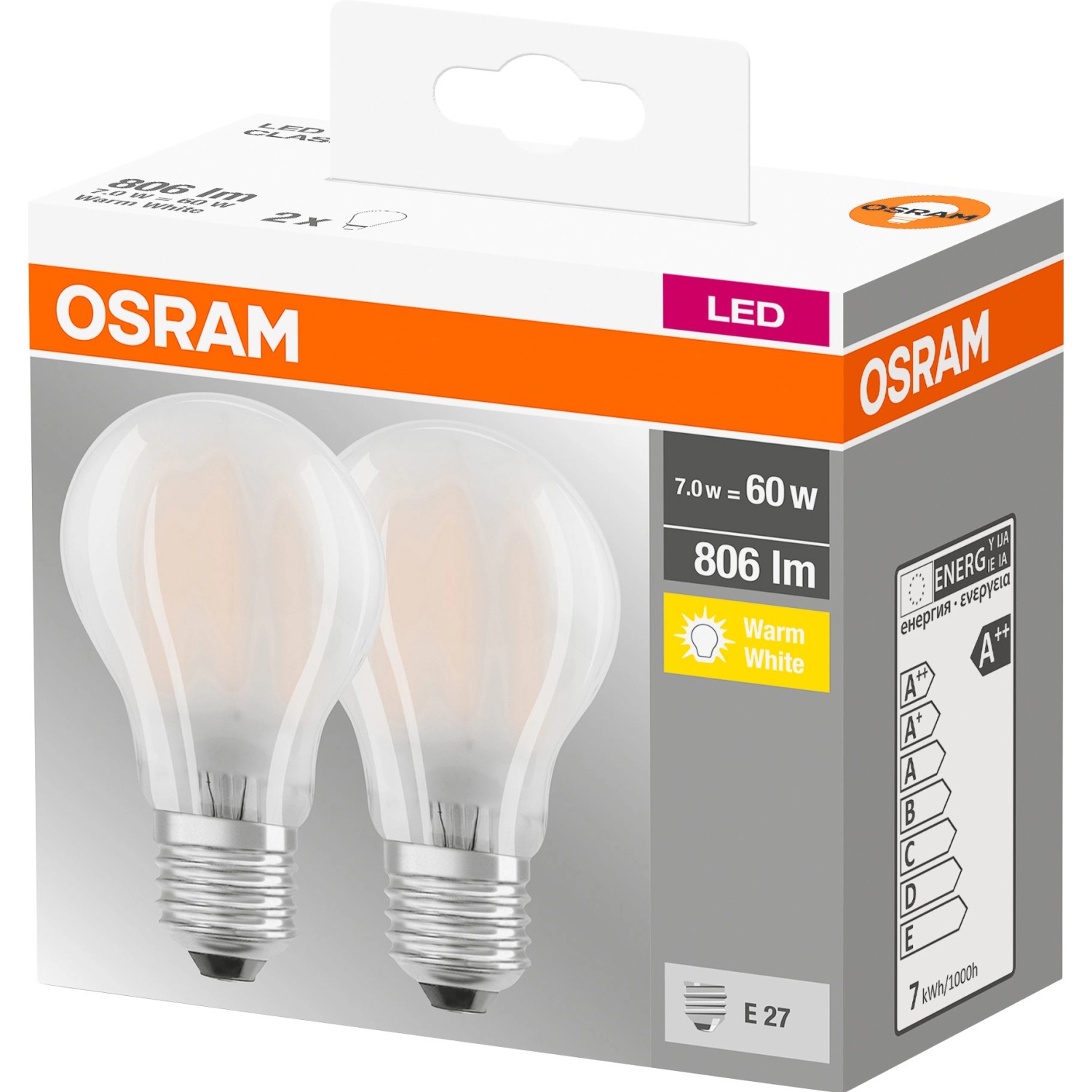 2er-Set Osram E27 LED-Leuchtmittel in Glühlampenform, 6,5W, warmweiß.