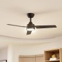 Schwarzer Lindby LED Deckenventilator Aerallo mit Lampe und drei Flügeln.