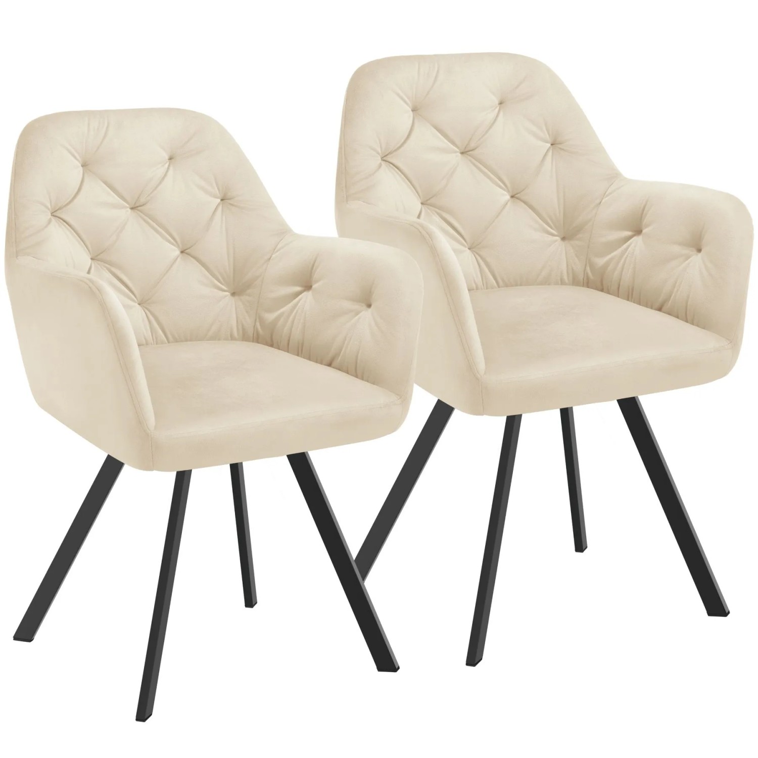 Tectake Drehbarer Samt Armlehnstuhl Lucia Gepolstert Mit Steppmuster Mit Durchgehender Lehne 2Er Set 58 X 58 X 87 Cm Creme