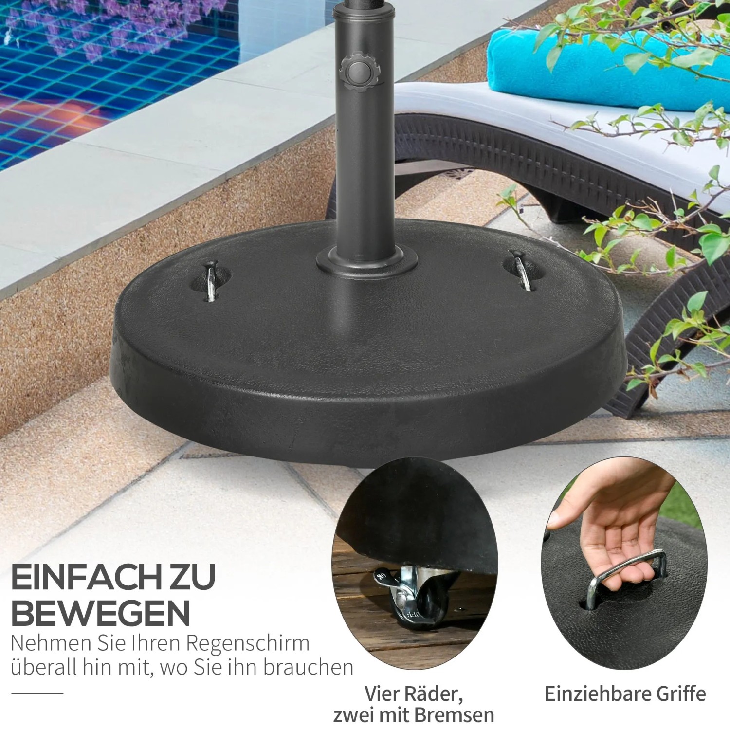 Schwarzer Furnicato Sonnenschirmständer mit Rollen und Griffen am Pool.