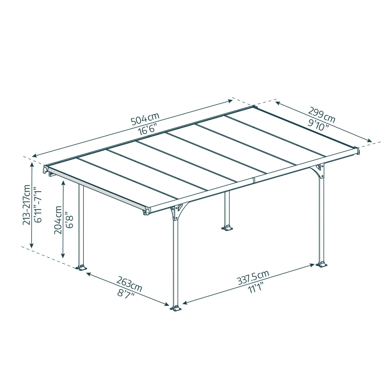 Technische Zeichnung: Canopia Carport Verona 5000, Aluminium, 500x297x218 cm, grau, Maße