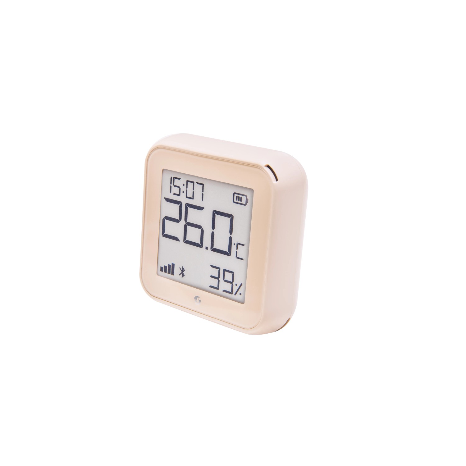 Beiger Shelly Temperatur- und Feuchtigkeitssensor Plus H&T G3 mit E-Paper Display.