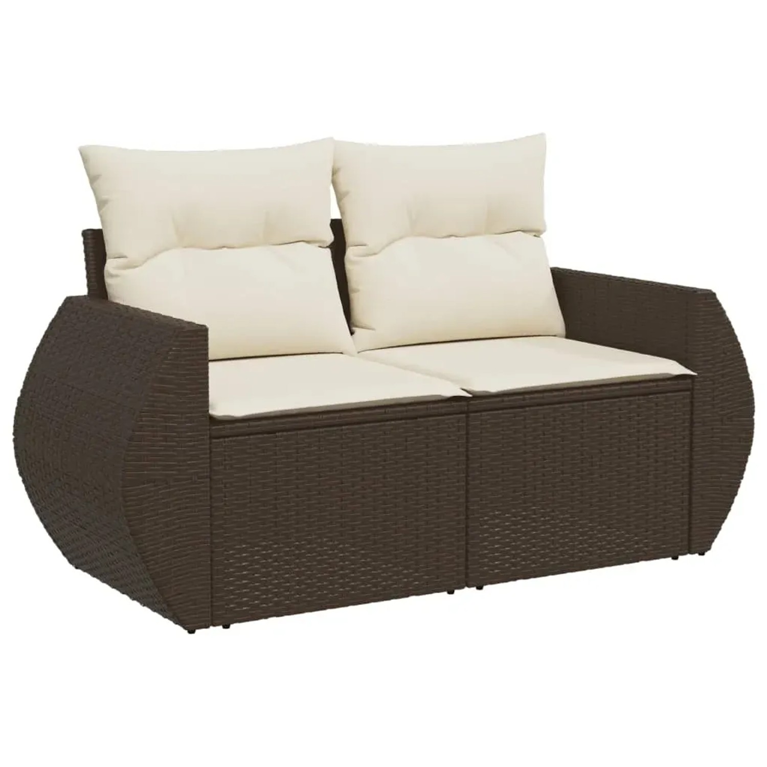 Braune vidaXL Garten-Sofagarnitur aus Rattan mit cremefarbenen Kissen für Terrasse und Garten.