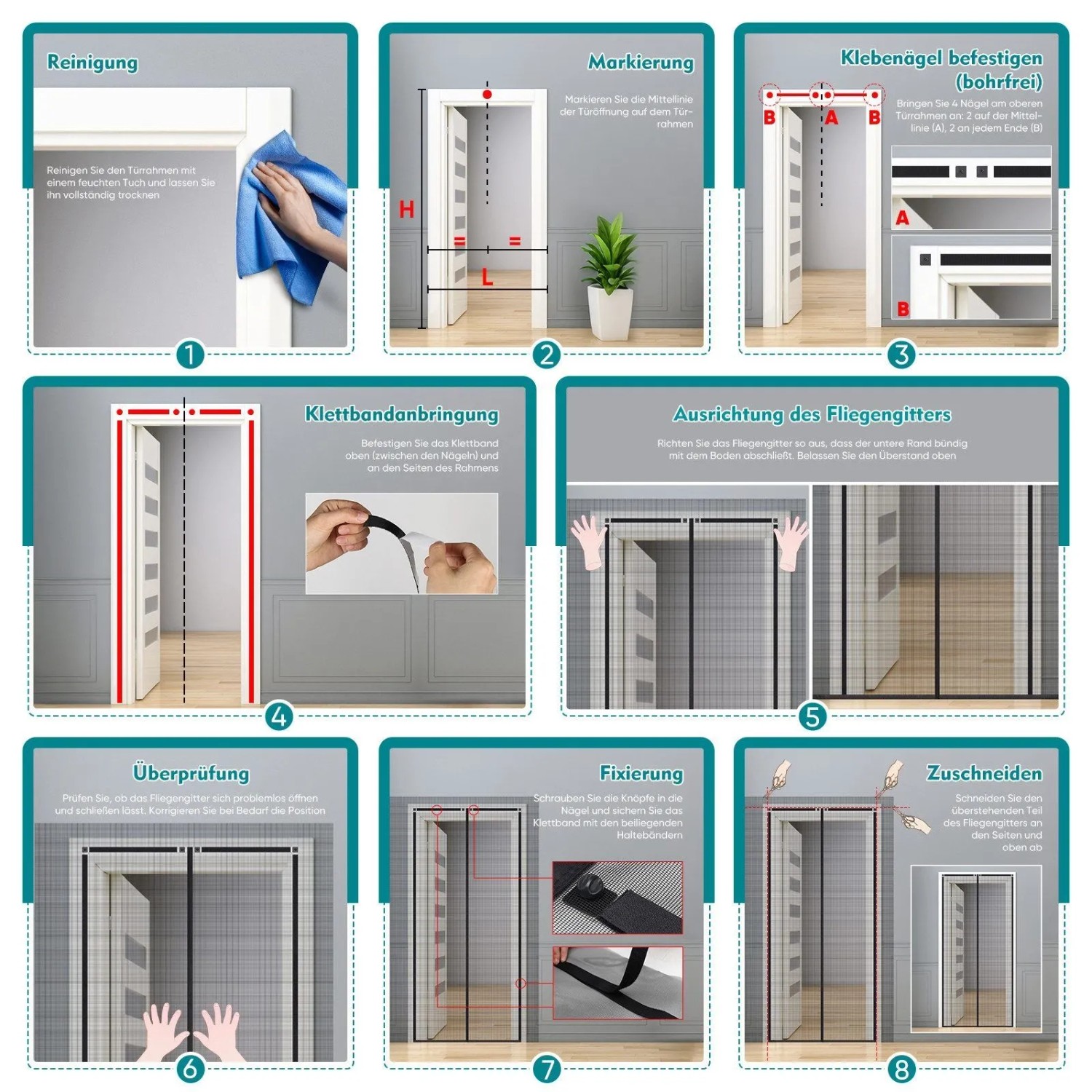 Montageanleitung Sekey Insektenschutz-Tür: Magnetisches Fliegengitter mit Klettverschluss ohne Bohren anbringen und zuschneiden.