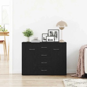 Schwarzes Sideboard in Eichen-Optik mit Schubladen und Türen. Vielseitiger Stauraum für Wohnräume.