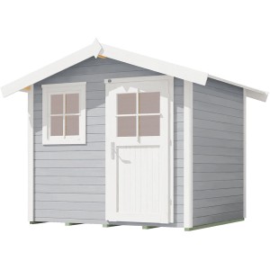 Graues Gartenhaus mit Satteldach, Holztür und Fenster. Ideal als Gerätehaus oder Hobbyraum.