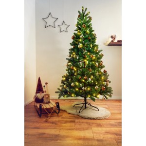 Geschmückter, künstlicher Tannenbaum Nagano mit Kunstschnee, 210 cm hoch.