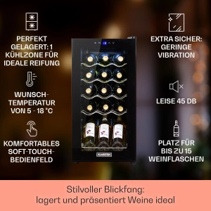 Klarstein Weinkühlschrank Shiraz 15 Slim Uno mit Glasfront und 15 Weinflaschen auf Metallregalen.