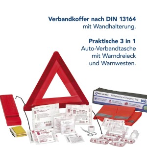First Aid Only 3 in 1 KFZ Verbandtasche mit Warndreieck, Warnwesten und Verbandsmaterial nach DIN 13164.