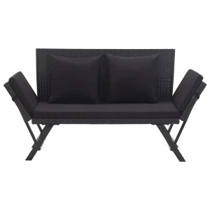 Schwarze furnicato Gartenbank aus Polyrattan mit Auflagen und Kissen, verstellbare Seitenteile.