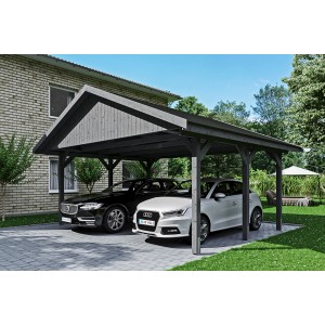 Satteldach-Carport Wallgau, schiefergrau mit schwarzen Schindeln, für zwei Autos.