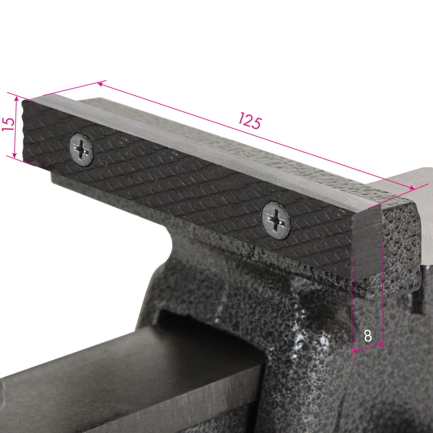 Detailaufnahme: EBERTH Schraubstock mit 125mm Backenbreite. Spannwerkzeug aus Gusseisen.