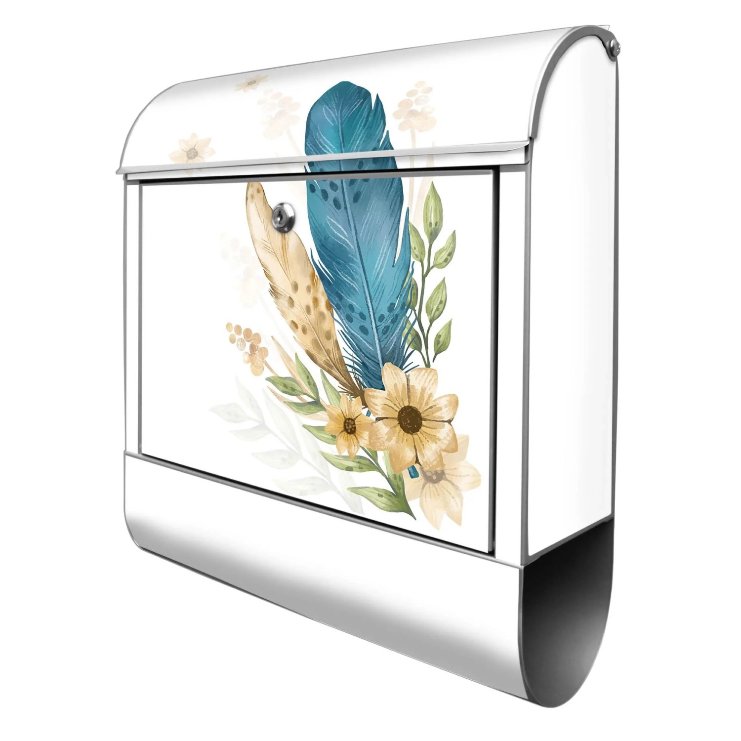 Banjado Design Briefkasten Silber Pulverbeschichtet 39x47x14cm 2 Schlüssel Mit Zeitungsfach Motiv Federn und Blüten Boho