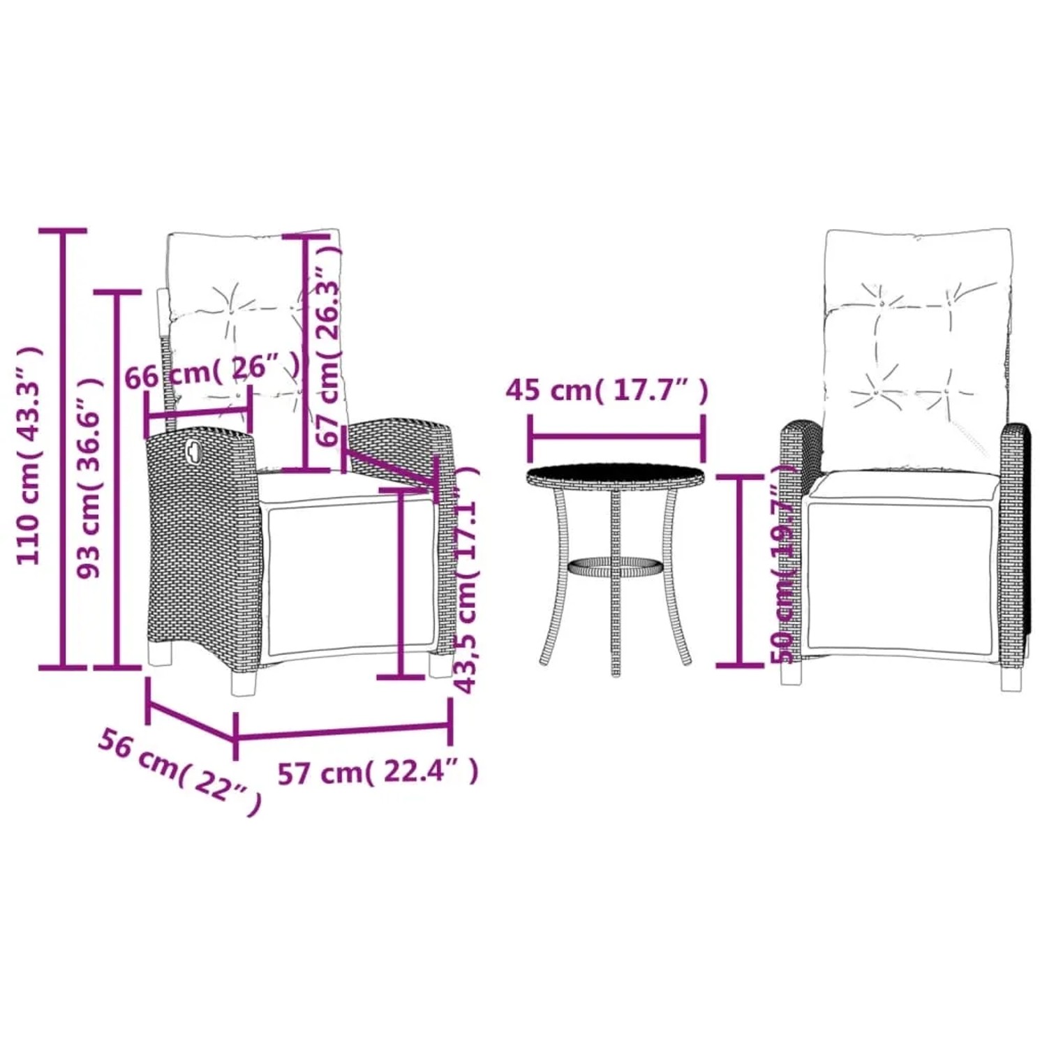vidaXL Bistro-Set, 3-teilig, braun, Polyrattan, mit Kissen. Gartenmöbel für Balkon und Terrasse.