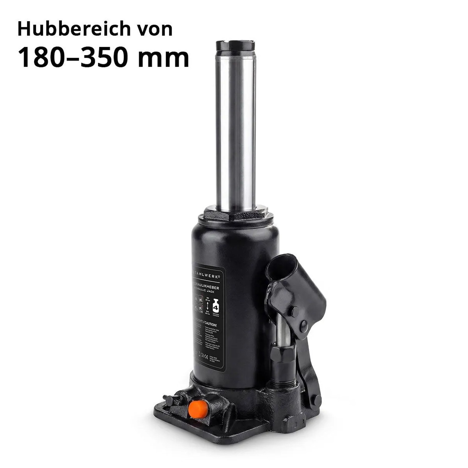 Schwarzer STAHLWERK Stempelwagenheber, 4 T, mit silbernem Hubkolben. Hubbereich 180-350 mm für Auto & Wartung.