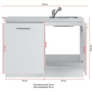 Weißes Impuls Hauswirtschaftsmodul 120 cm mit Spüle, Armatur und grauer Arbeitsplatte. Ideal für Hauswirtschaftsraum.