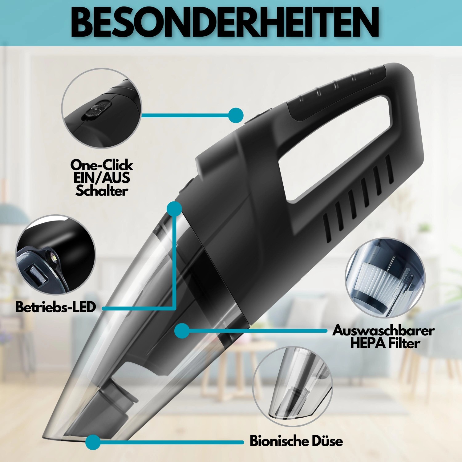 Steinborg Akku-Handstaubsauger SB-1031: Details wie HEPA-Filter, Düse und LED hervorgehoben.