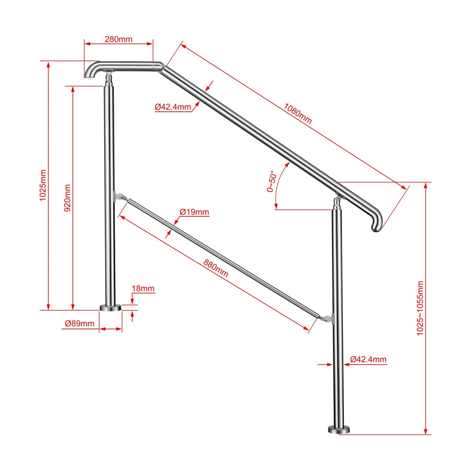 Technisches Diagramm des AICA Edelstahl-Eingangsgeländers mit Maßen für 2-3 Stufen, innen & außen.