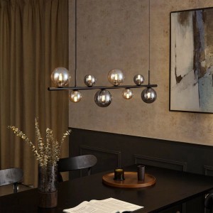 QAZQA Pendelleuchte Monaco, 8-flammig, schwarz mit Rauch- und Bernsteinglas. Elegante Lampe für Esszimmer.